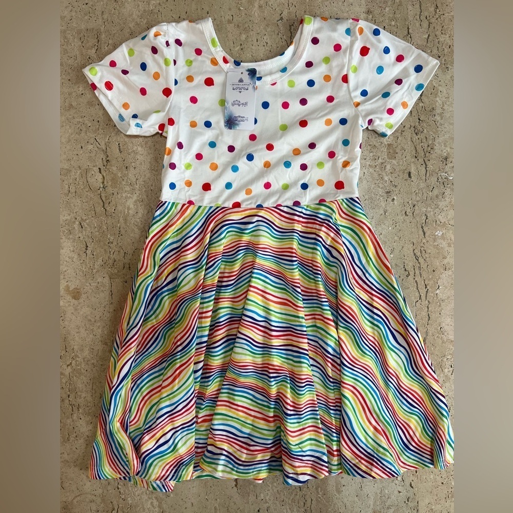 Girl’s IBTOM CASTLE Polka Dot and Rainbow Dress Size 130 6-7 - Picture 2 of 4